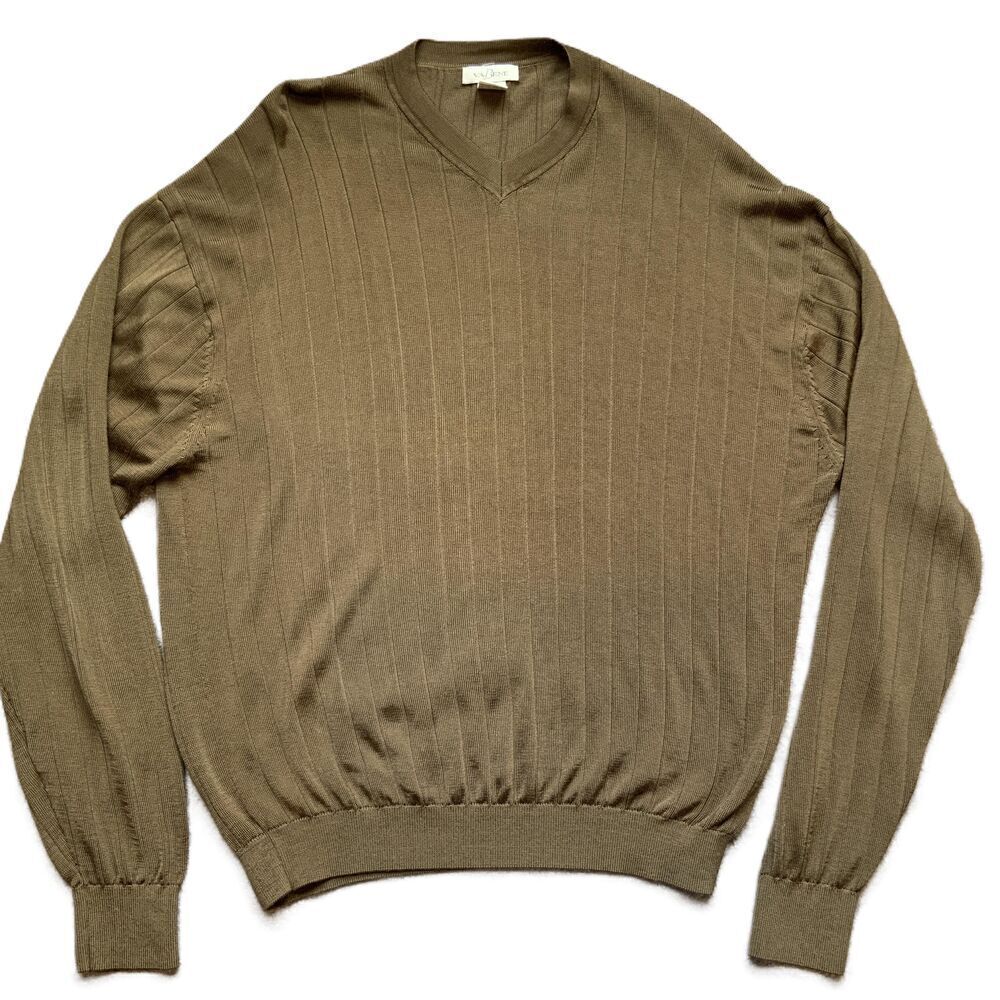 Va Bene Brown V-Neck Ribbed Long Sleeve Mens Preppy Grandpacore Sweater Size XL